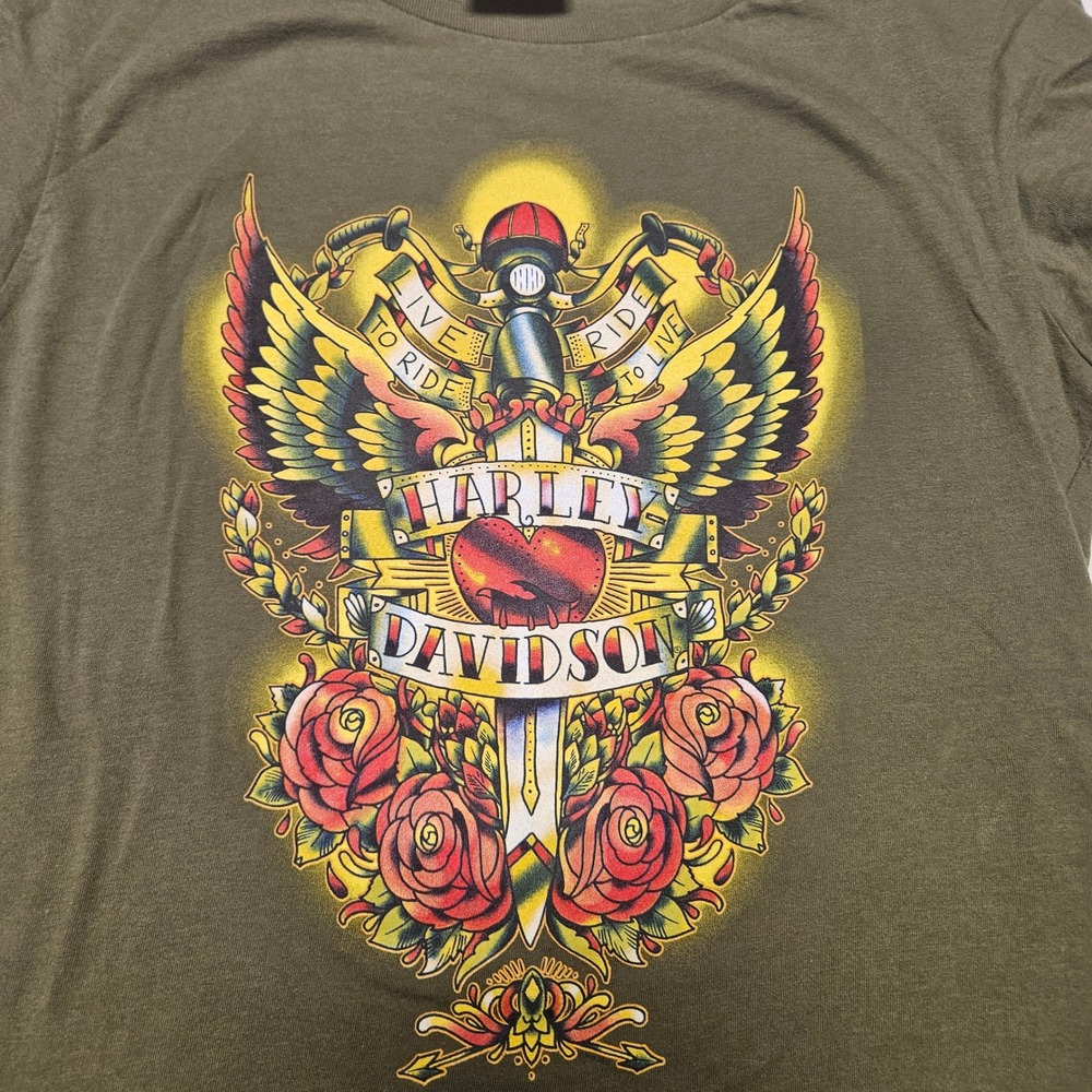 Harley Davidson T-Shirt Women XL Olive Green Tattoo‎ Roses Dagger St Thomas Vibe